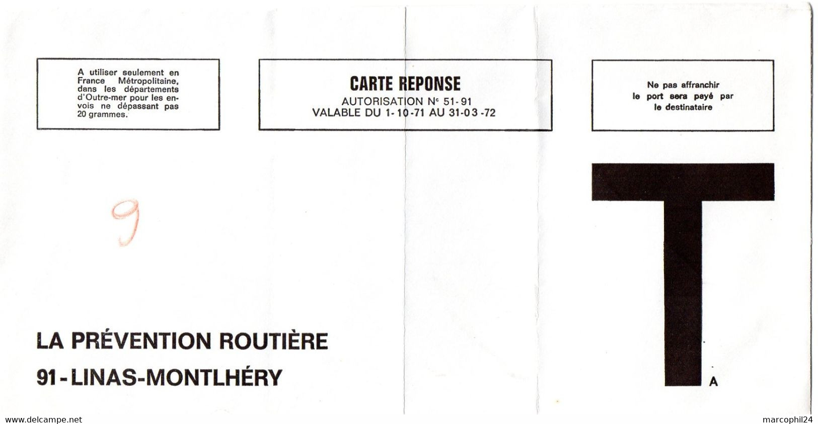 ESSONNE - Dépt N° 91 = LINAS MONTHLERY 1972 = CARTE REPONSE T  ' Prévention Routière ' - Cartes/Enveloppes Réponse T
