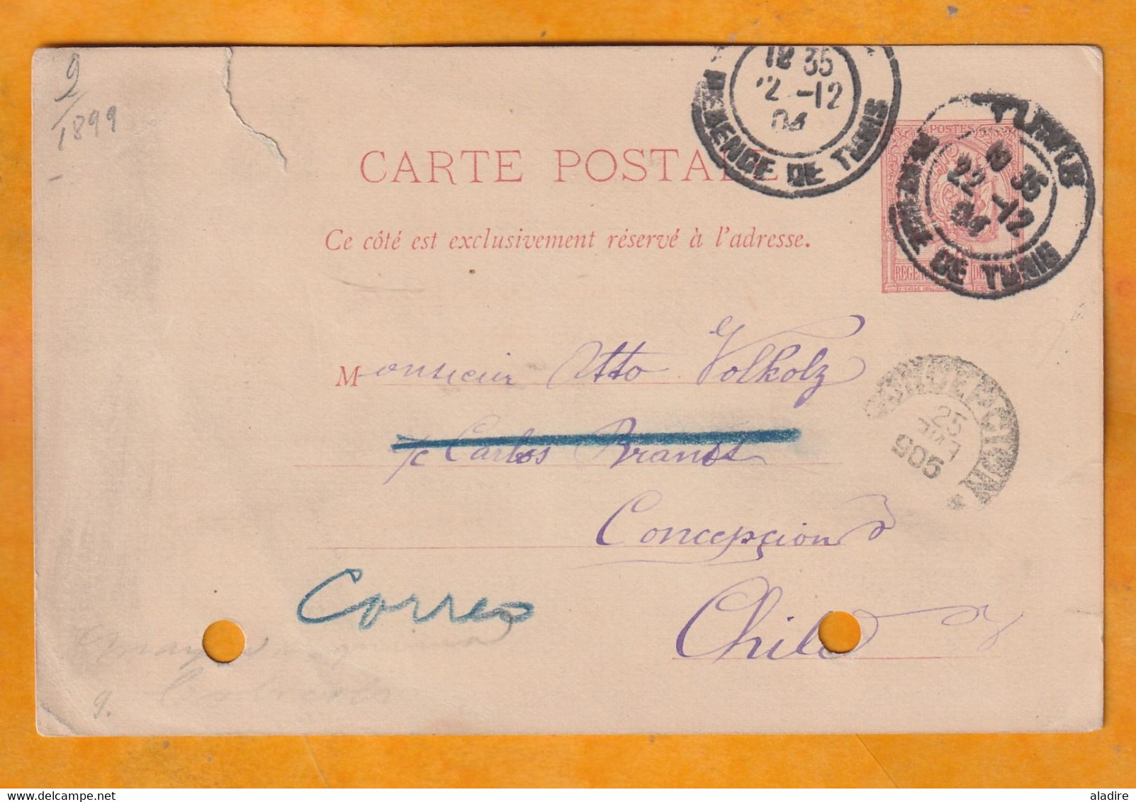 1904 - Entier Carte Postale 10 C Régence De Tunis Vers CONCEPCION, CHILI - Destination Rare - Cad Arrivée - Lettres & Documents
