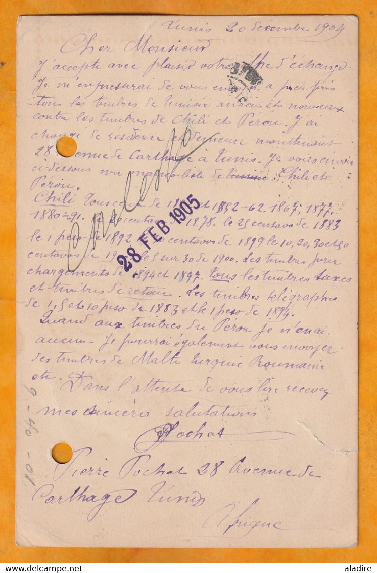 1904 - Entier Carte Postale 10 C Régence De Tunis Vers CONCEPCION, CHILI - Destination Rare - Cad Arrivée - Briefe U. Dokumente