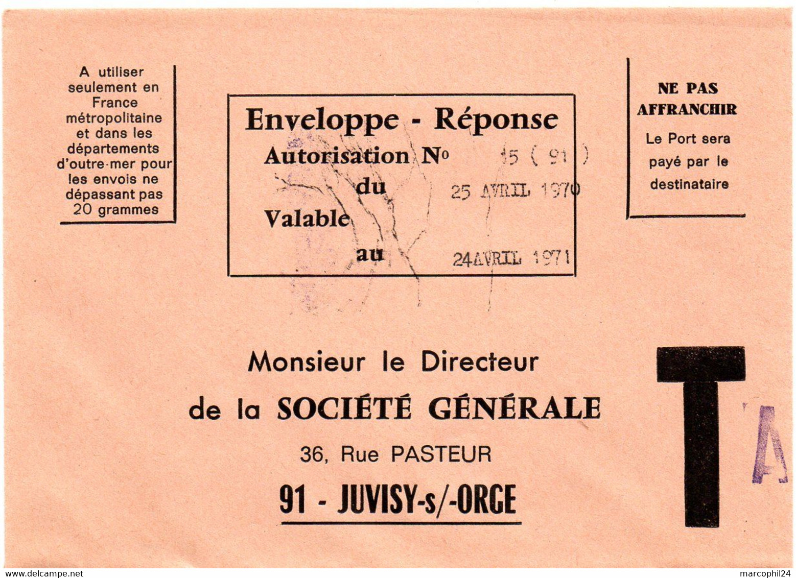 ESSONNE - Dépt N° 91 = JUVISY Sur ORGE 1971 = ENVELOPPE REPONSE T ' BANQUE SOCIETE GENERALE ' - Karten/Antwortumschläge T