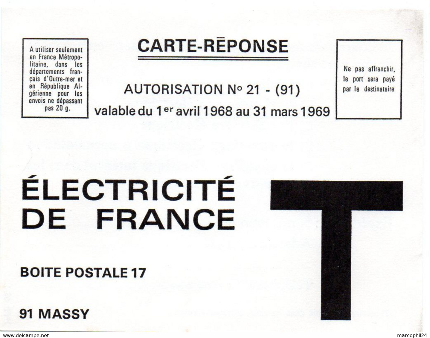 ESSONNE - Dépt N° 91 = MASSY 1969 = CARTE REPONSE T  ' ELECTRICITE DE FRANCE ' - Cartas/Sobre De Respuesta T