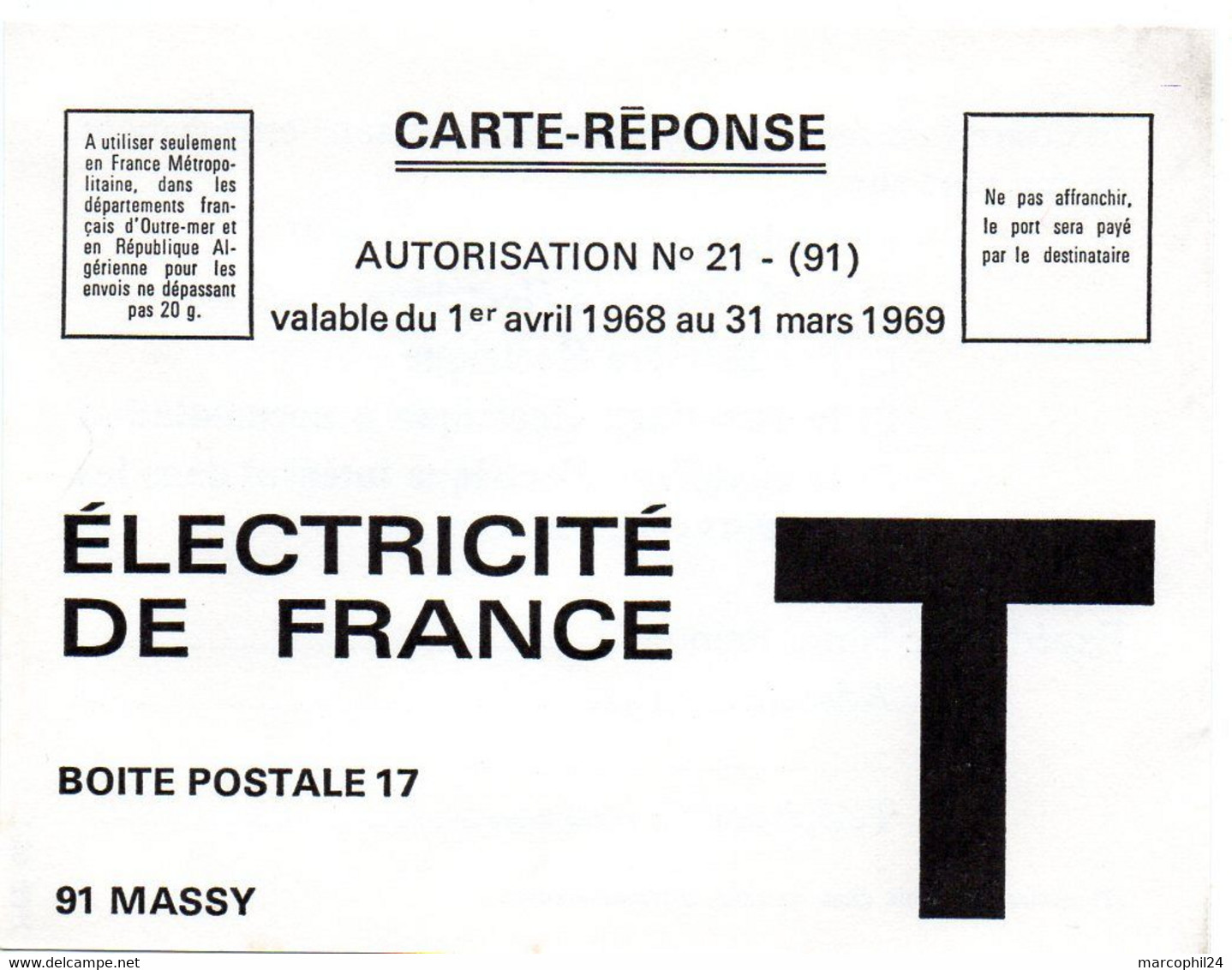 ESSONNE - Dépt N° 91 = MASSY 1969 = CARTE REPONSE T  ' ELECTRICITE DE FRANCE ' - Cards/T Return Covers