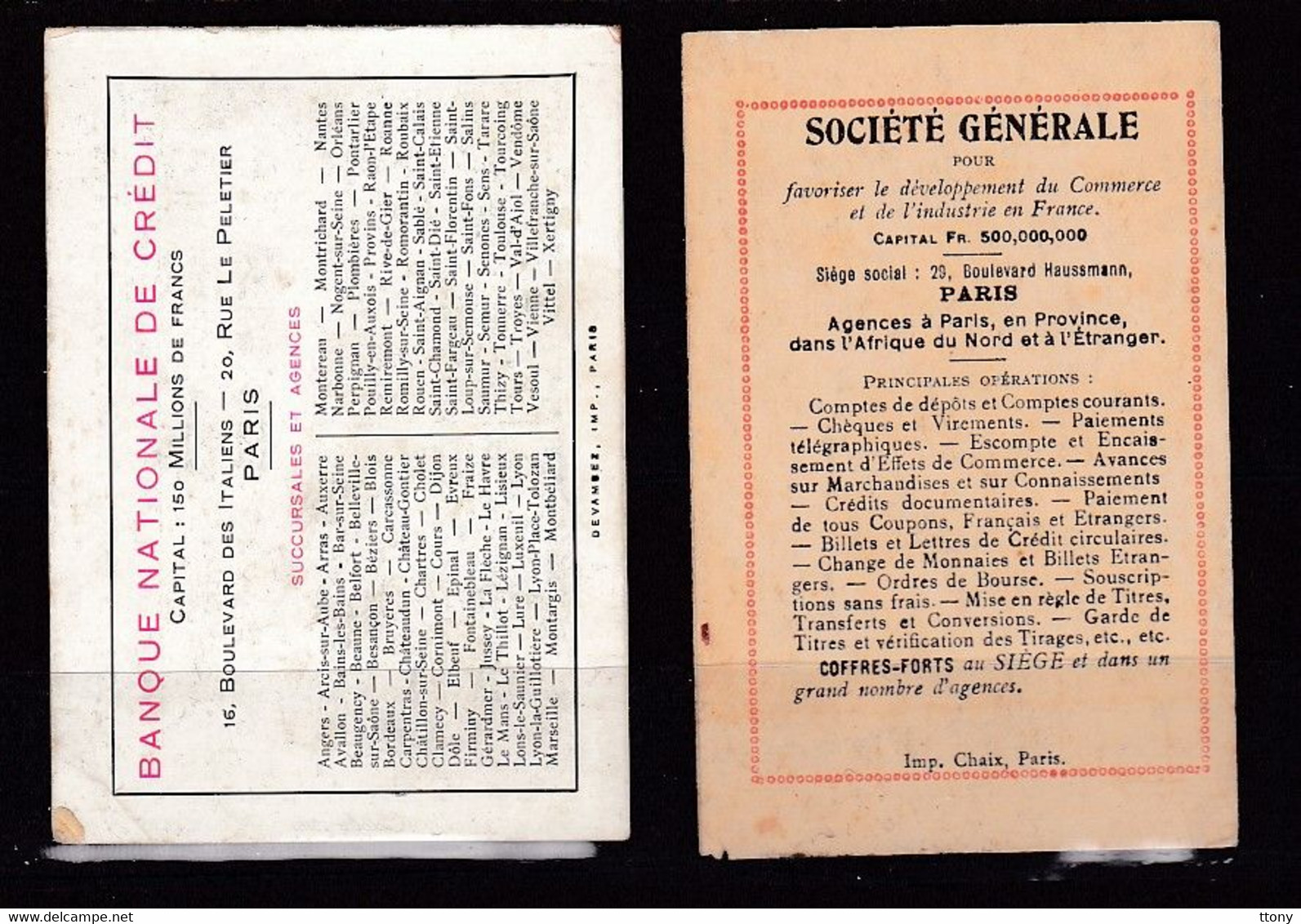2 Calendriers  Année 1919    Emprunt National Société Générale  Et Banque Nationale De Crédit - Grand Format : 1901-20