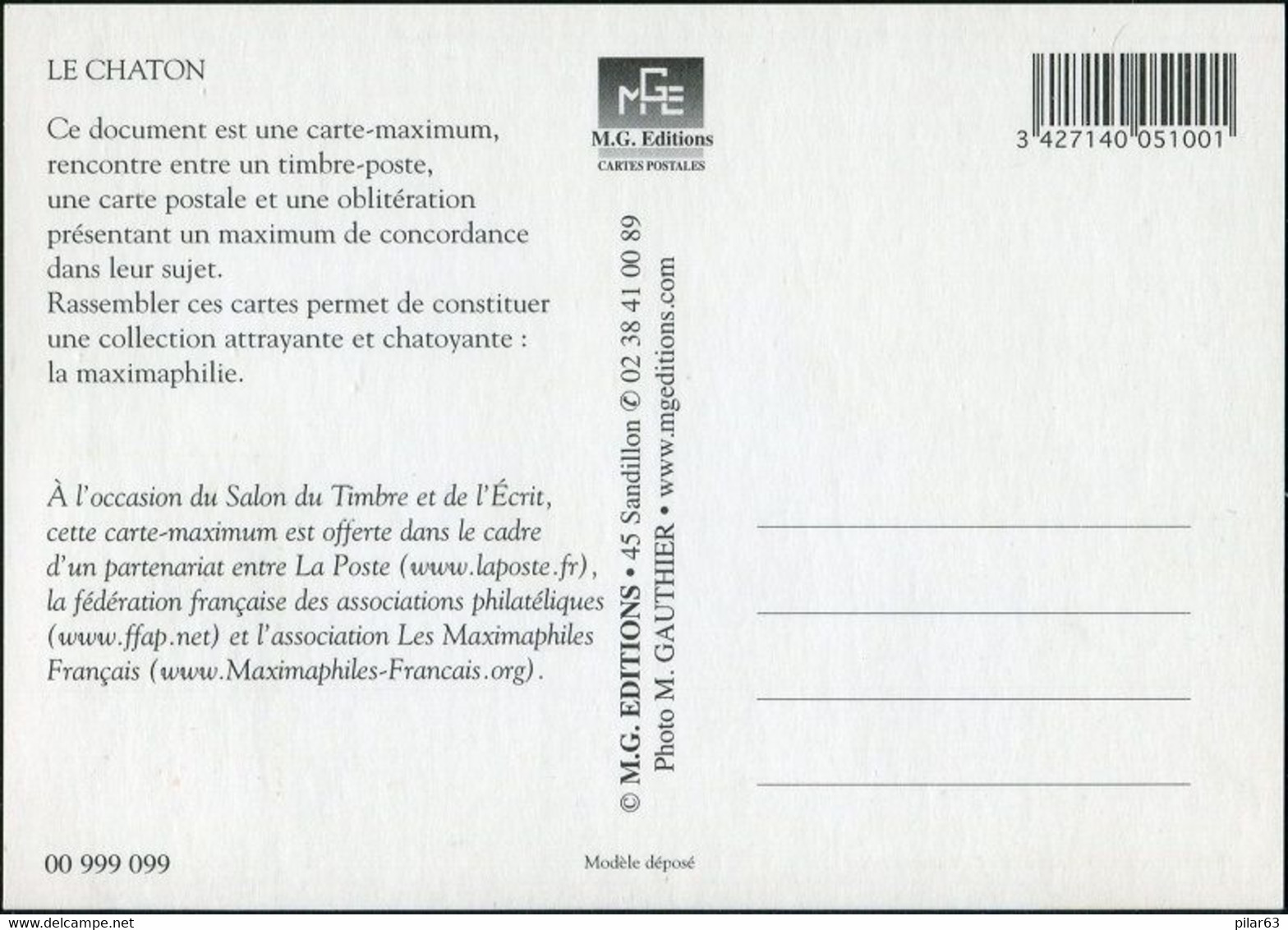 FRANCE 2006 - C.M. LE CHATON Sur Carte "MGE" + T.P. 0,53€ + Obl. P.J. 22.04.2006 PARIS (voir Images) - 2000-2009