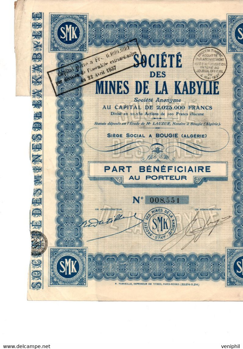 SOCIETE DES MINES DE LA KABYLIE - PART BENEFICIAIRE- ANNEE 1937 - Bergbau