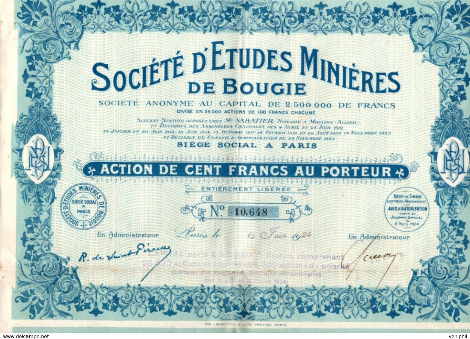 SOCIETE D'ETUDES MINIERES  DE BOUGIE - ACTION DE CENT FRANCS -ANNEE 1924 - Mineral