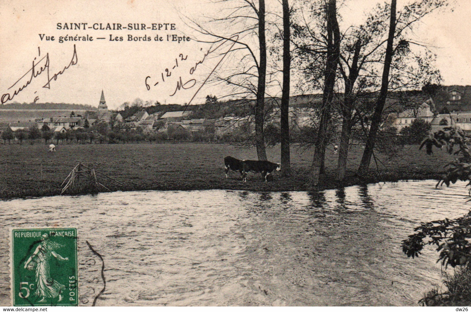 St Saint Clair-sur-Epte (Seine-et-Oise) Vue Générale, Vaches Au Bords De L'Epte - Carte L'H. Paris 1912 - Saint-Clair-sur-Epte