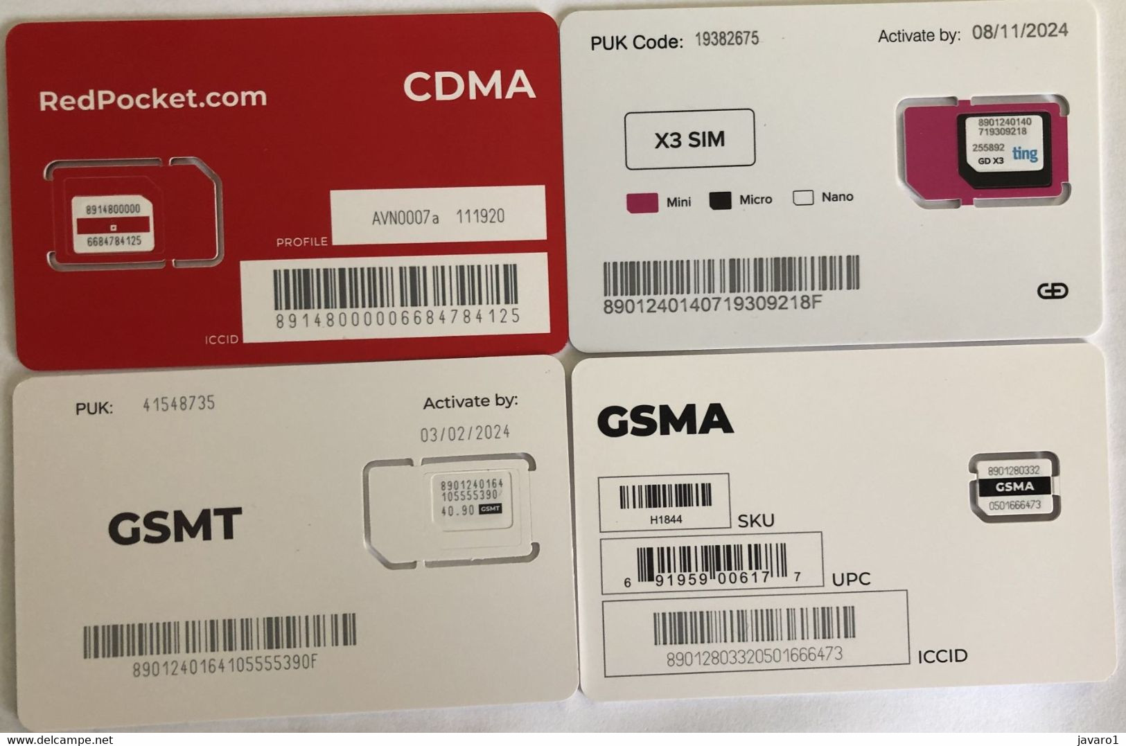 USA : GSM  SIM CARD  : 4 Cards  As Pictured (see Description)   MINT ( LOT G ) - Chipkaarten