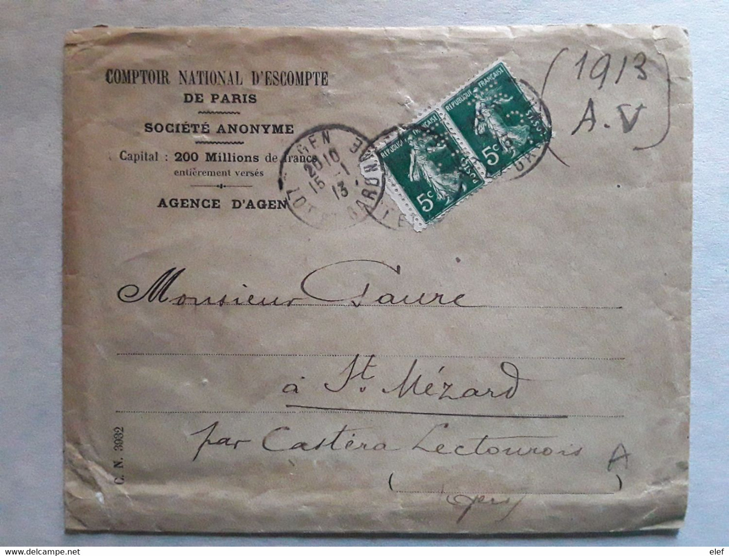 Lettre COMPTOIR NATIONAL D'ESCOMPTE De Paris, Agence D' AGEN Lot Et Garonne Perforé C N E / Paire Semeuse 137, 1913, TB - Covers & Documents