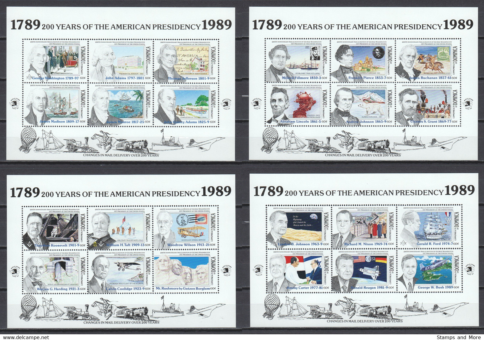 Dominica 1989 Kleinbogen Set Mi 1244-1267 MNH AIRPLANES - SHIPS - HOT AIR BALLOONS - AMERICAN PRESIDENTS - Barcos