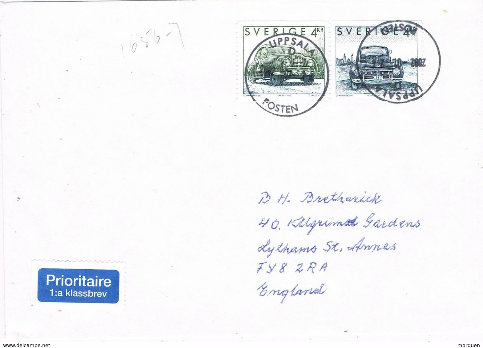 46439. Carta GADE (Uppsala) Suecia 2002 To England. Fechador UPPSALA - Lettres & Documents