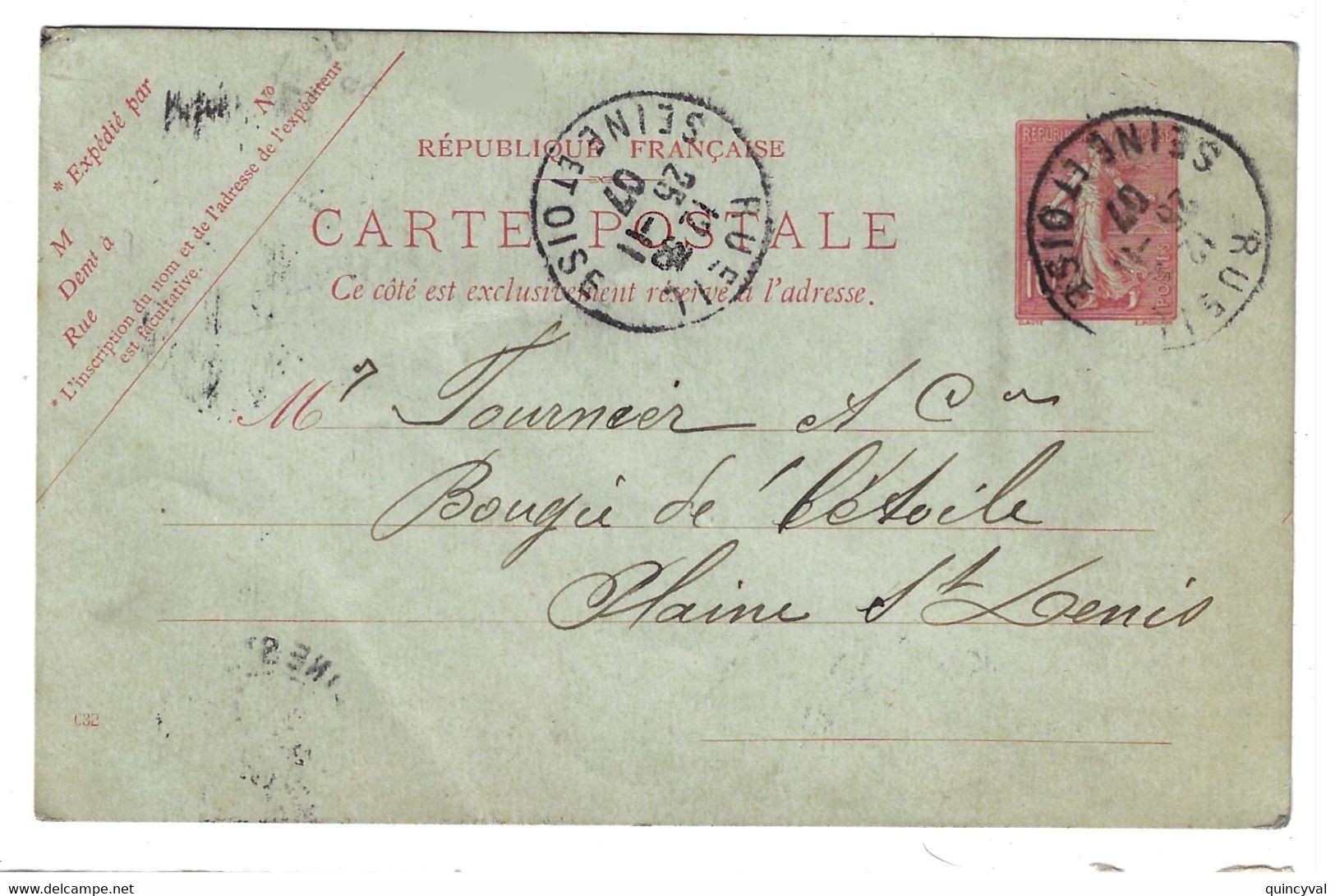 RUEIL Seine Et Oise Carte Postale Entier 10c Semeuse Lignée Yv 129-CP1 Mill 632 Ob 1907 - Standard Postcards & Stamped On Demand (before 1995)