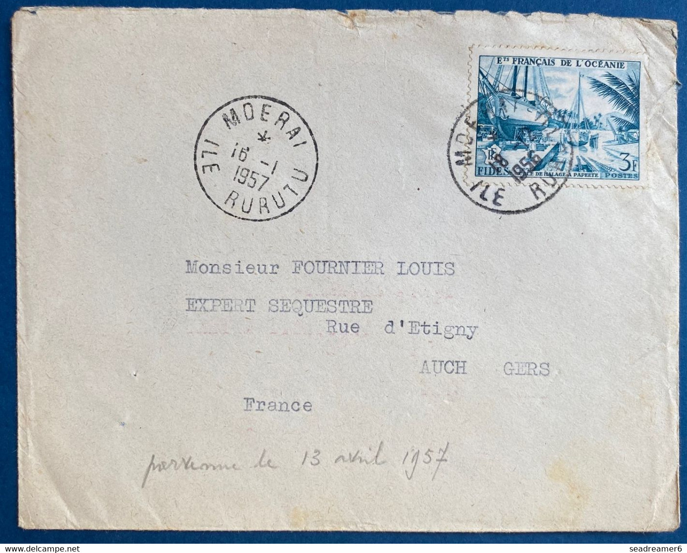 Oceanie Lettre N°204 3FR  Cale De Halage Oblitéré Du 16 Janvier De 1957 De MOERAI Ile RURUTU (iles Australes ) Rare ! - Lettres & Documents