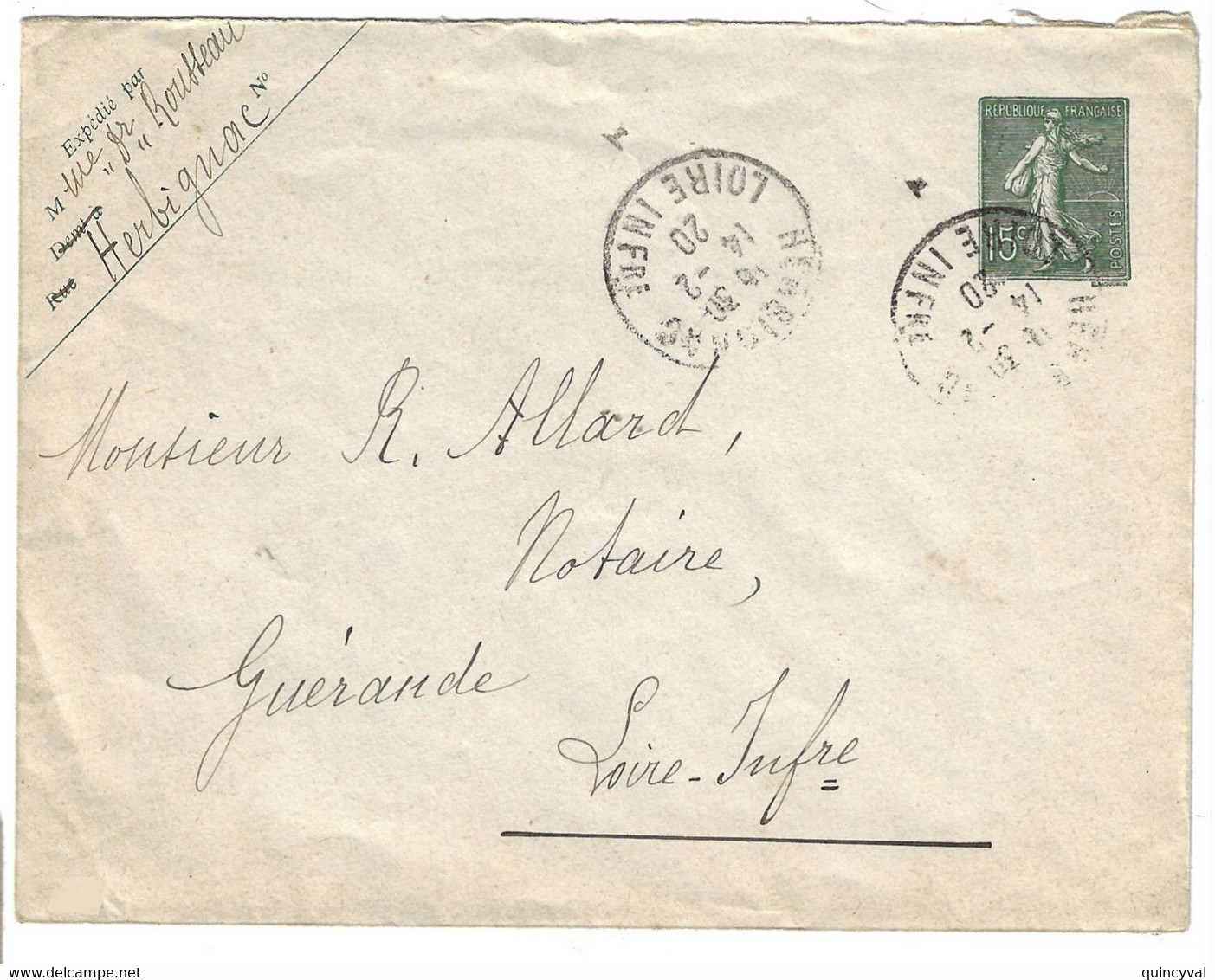 HERIGNAC Loire Inférieure Enveloppe Entier 15c Semeuse Lignée Yv 130-E9 Mill 943 Ob 1920 Int Lilas - Standard Covers & Stamped On Demand (before 1995)