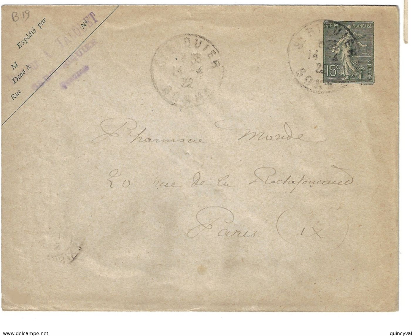 St RIQUIER Somme Enveloppe Entier 15c Semeuse Lignée Yv 130-E9 Mill 963 Ob 1922 Int Lilas - Standard Covers & Stamped On Demand (before 1995)