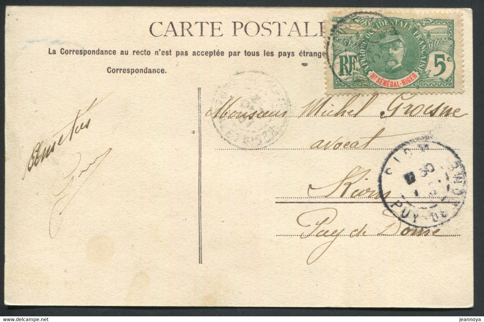 HAUT SENEGAL & NIGER - N° 4 (DEF) / CP DU 21/10/1907 POUR RIOM - TB - Lettres & Documents