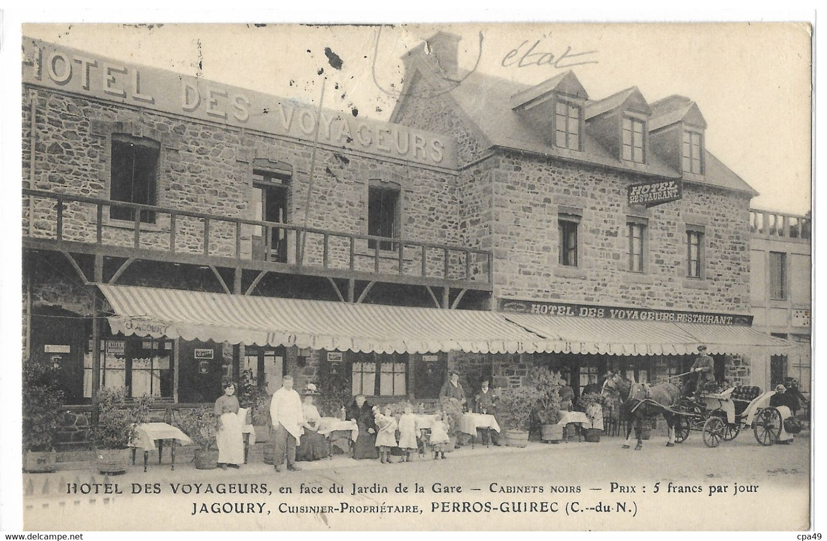 22  HOTEL DES VOYAGEURS  JAGOURY CUISINIER - PROPRIETAIRE PERROS - GUIREC ( Petite Déchirure Vendu En L' Etat) - Perros-Guirec