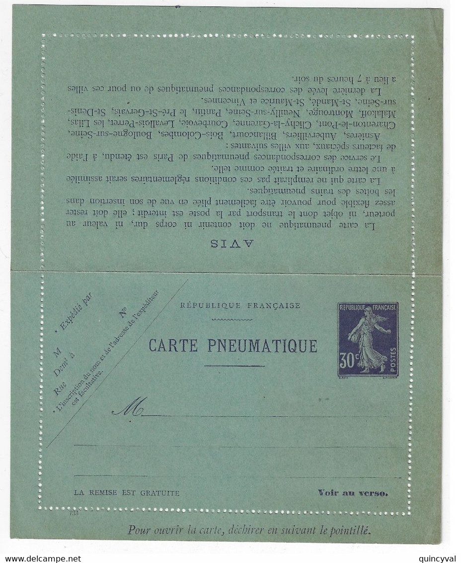 Carte Lettre Entier Pneumatique 30c Semeuse Violet Millésime 733 Yv CLPP1 14 Lignes 19 Localités Storch K1 - Pneumatic Post