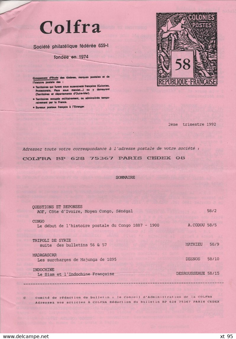 Colfra - Revue Philatelique Des Colonies Francaises - N° 57 à 60 - 1992 - Voir Sommaires - Colonies Et Bureaux à L'Étranger