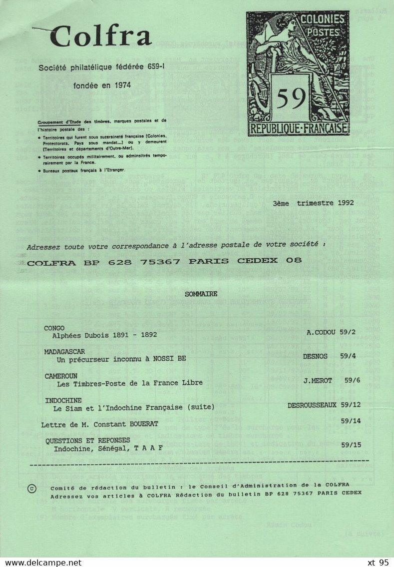 Colfra - Revue Philatelique Des Colonies Francaises - N° 57 à 60 - 1992 - Voir Sommaires - Kolonies En Buitenlandse Kantoren
