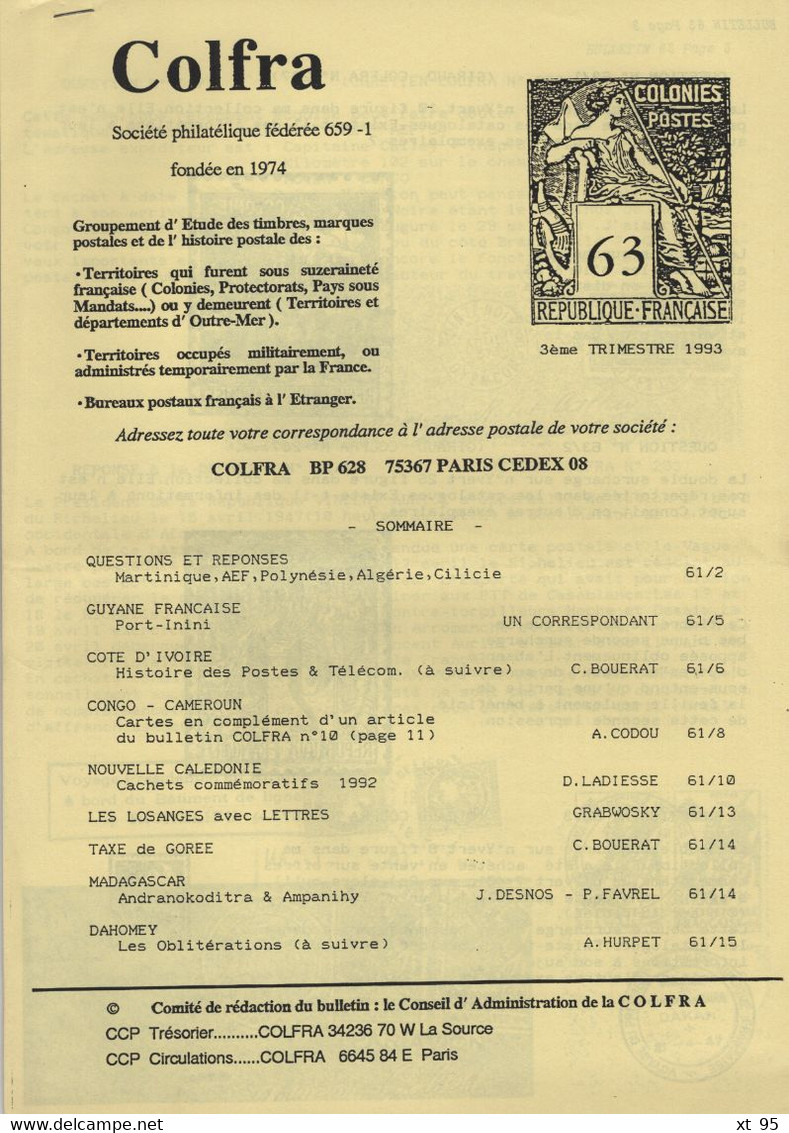 Colfra - Revue Philatelique Des Colonies Francaises - N° 61 à 63 - Voir Sommaires - Colonies Et Bureaux à L'Étranger