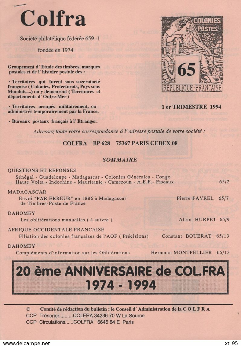 Colfra - Revue Philatelique Des Colonies Francaises - N° 65 à 67 - Voir Sommaires - Colonie E Uffici All'estero