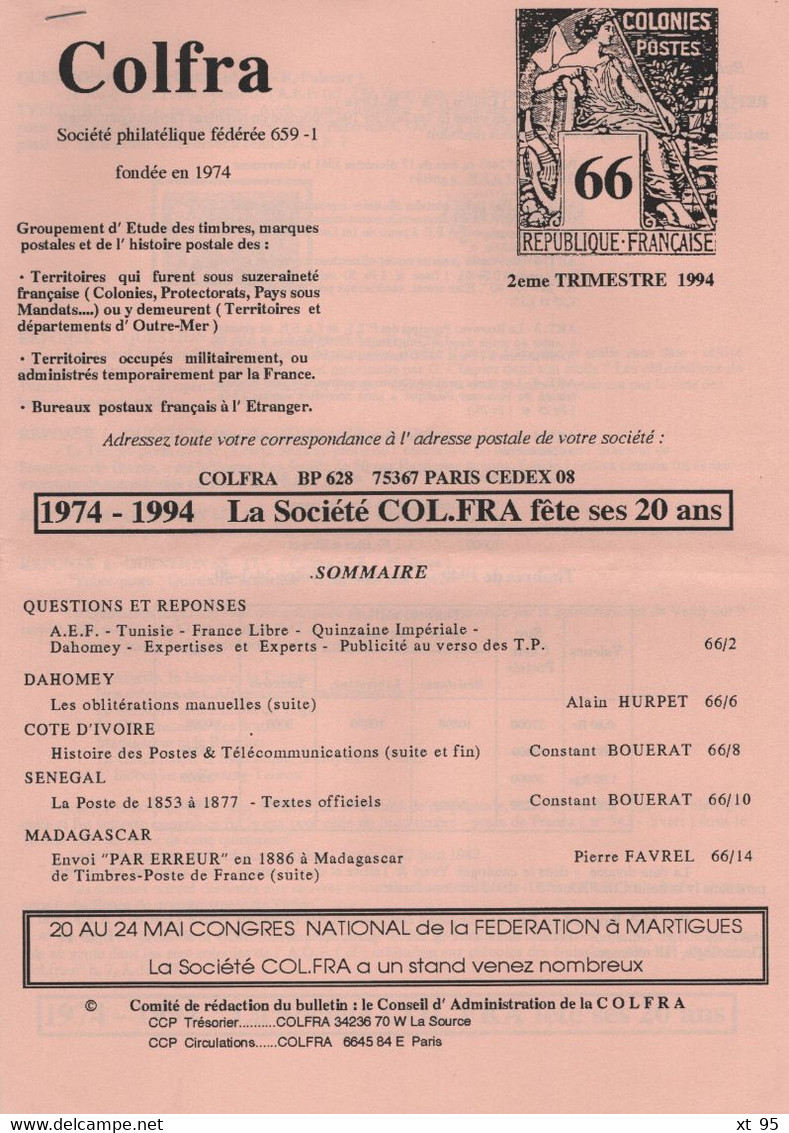 Colfra - Revue Philatelique Des Colonies Francaises - N° 65 à 67 - Voir Sommaires - Colonies Et Bureaux à L'Étranger