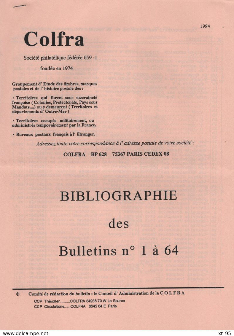 Colfra - Revue Philatelique - Bibliographie Des Bulletins 1 à 64 - Colonias Y Oficinas Al Extrangero