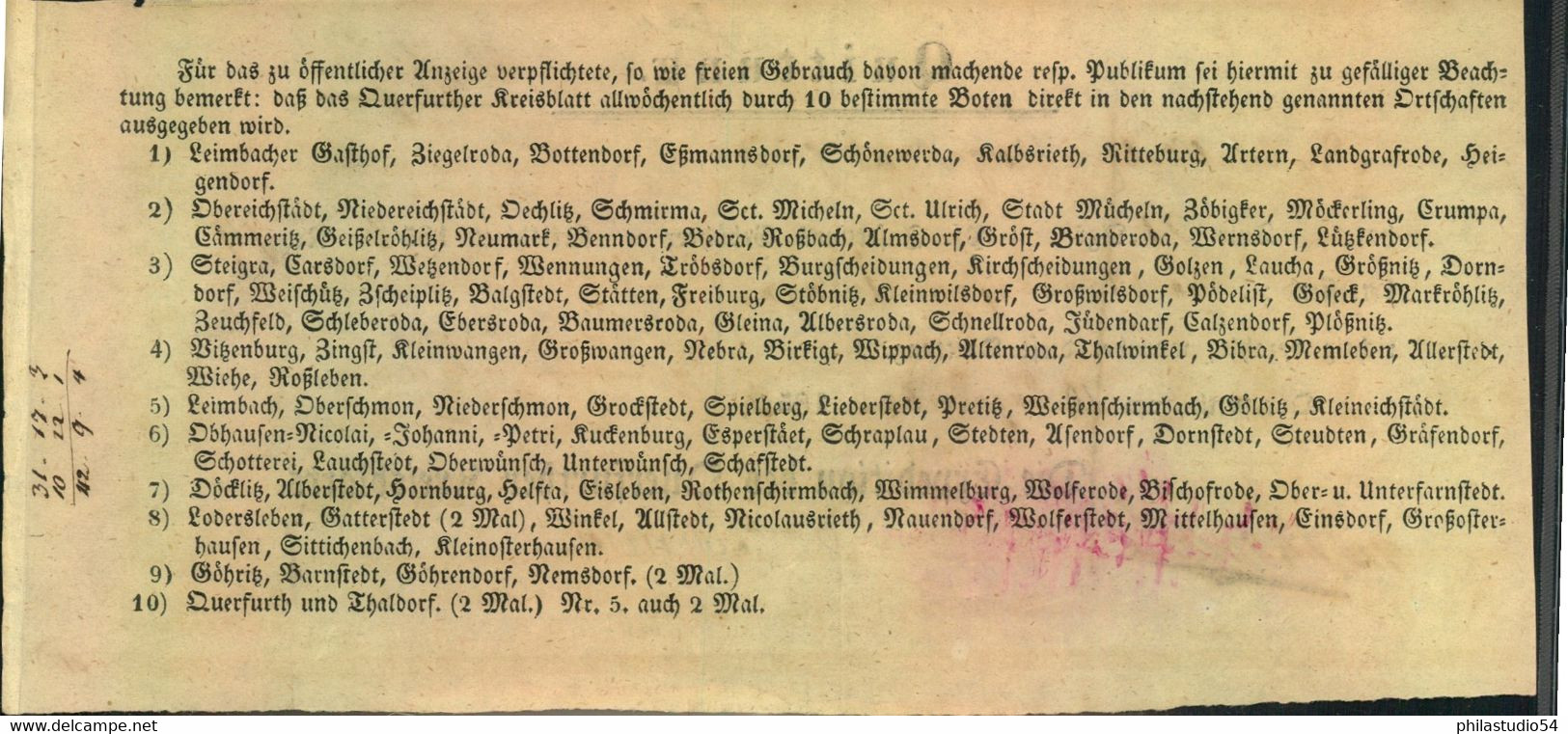 1853, Zeitungsquittung Der Expedition Des Querurther Kreisblattes“. - Saxe