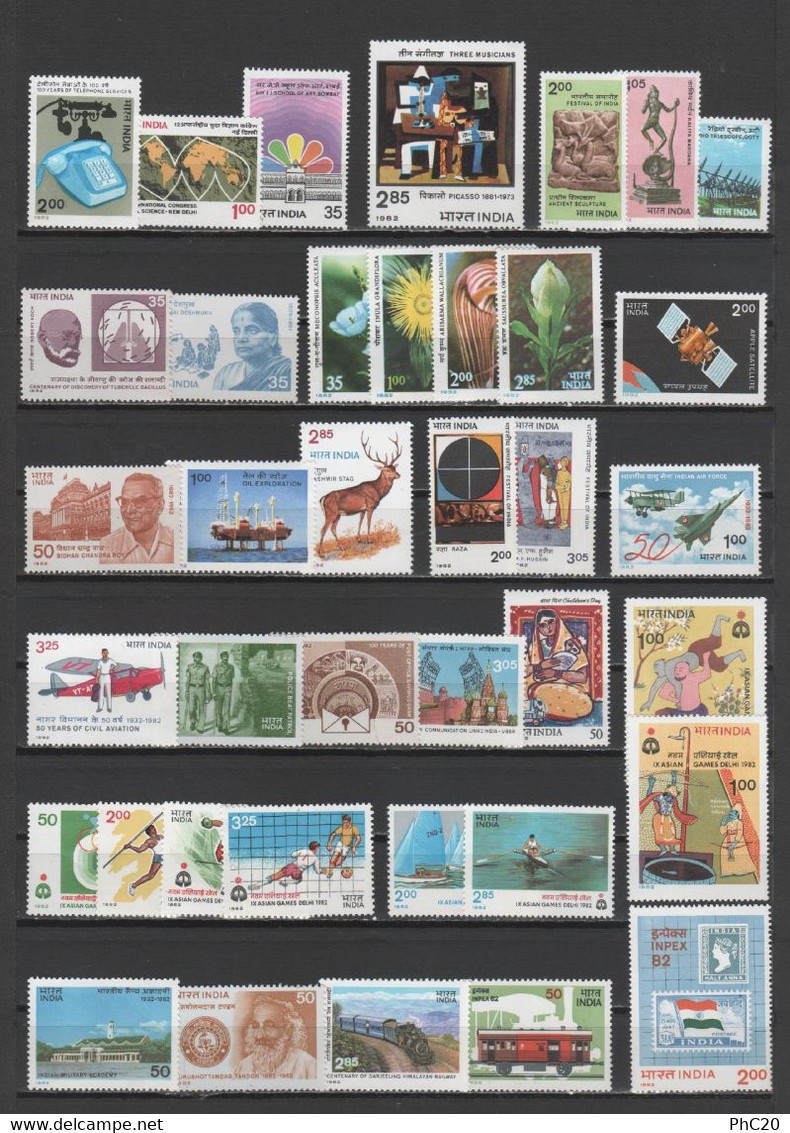 INDE - ANNÉE COMPLÈTE 1982 (hors "Série Courante") - 38 Timbres Neufs ** - Yvert 700-712 / 726-745 / 747-748 - Volledig Jaar