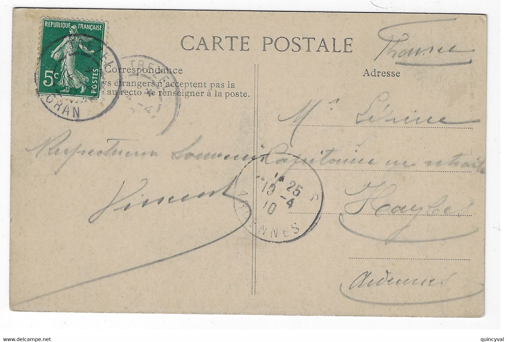 TREZEL Oran Algèrie Carte Postale 5c Semeuse Vert Yv 137 Ob 4 4 1910  Dest Haybes Ardennes - Lettres & Documents