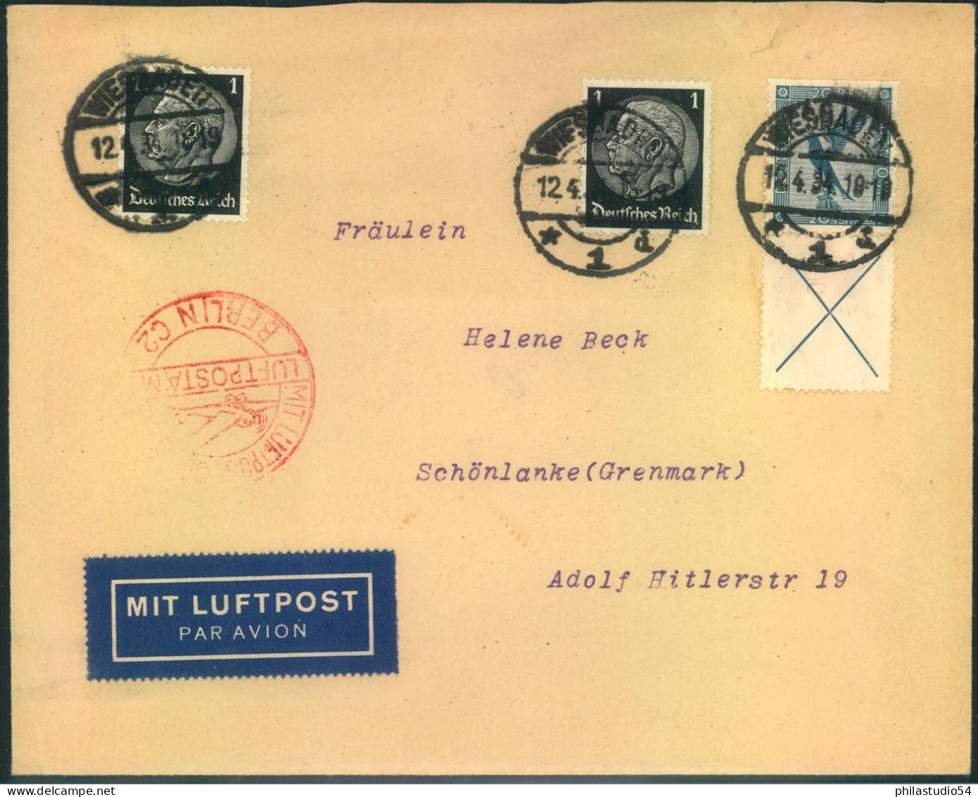 1934, Luftpostbrief Mit Guter Zusammendruck Frankatur Ab WIESBADEN - Other & Unclassified