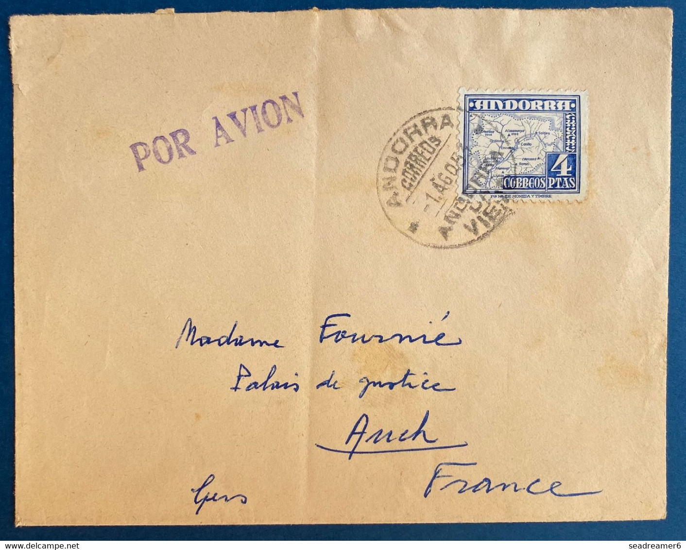 Andorre Lettre Griffe " Por Avion " N°50A 40 Pesetas Bleu Oblitéré Du 1 Aout 1953 D'Andorra La Vieja Pour AUCH TTB - Briefe U. Dokumente