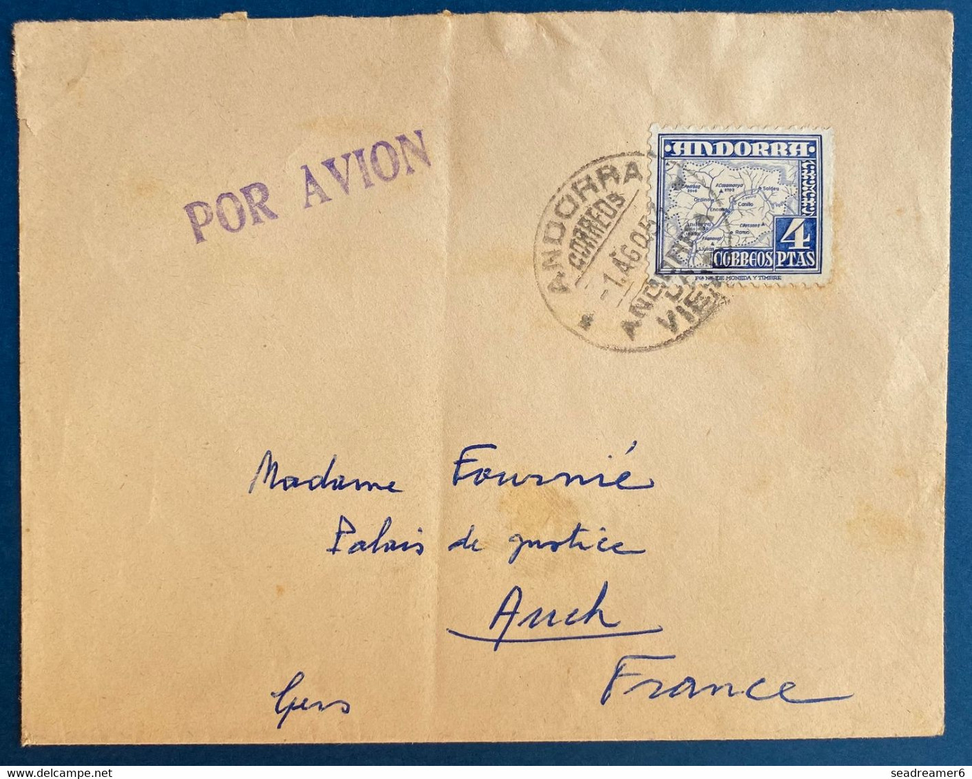 Andorre Lettre Griffe " Por Avion " N°50A 40 Pesetas Bleu Oblitéré Du 1 Aout 1953 D'Andorra La Vieja Pour AUCH TTB - Cartas & Documentos