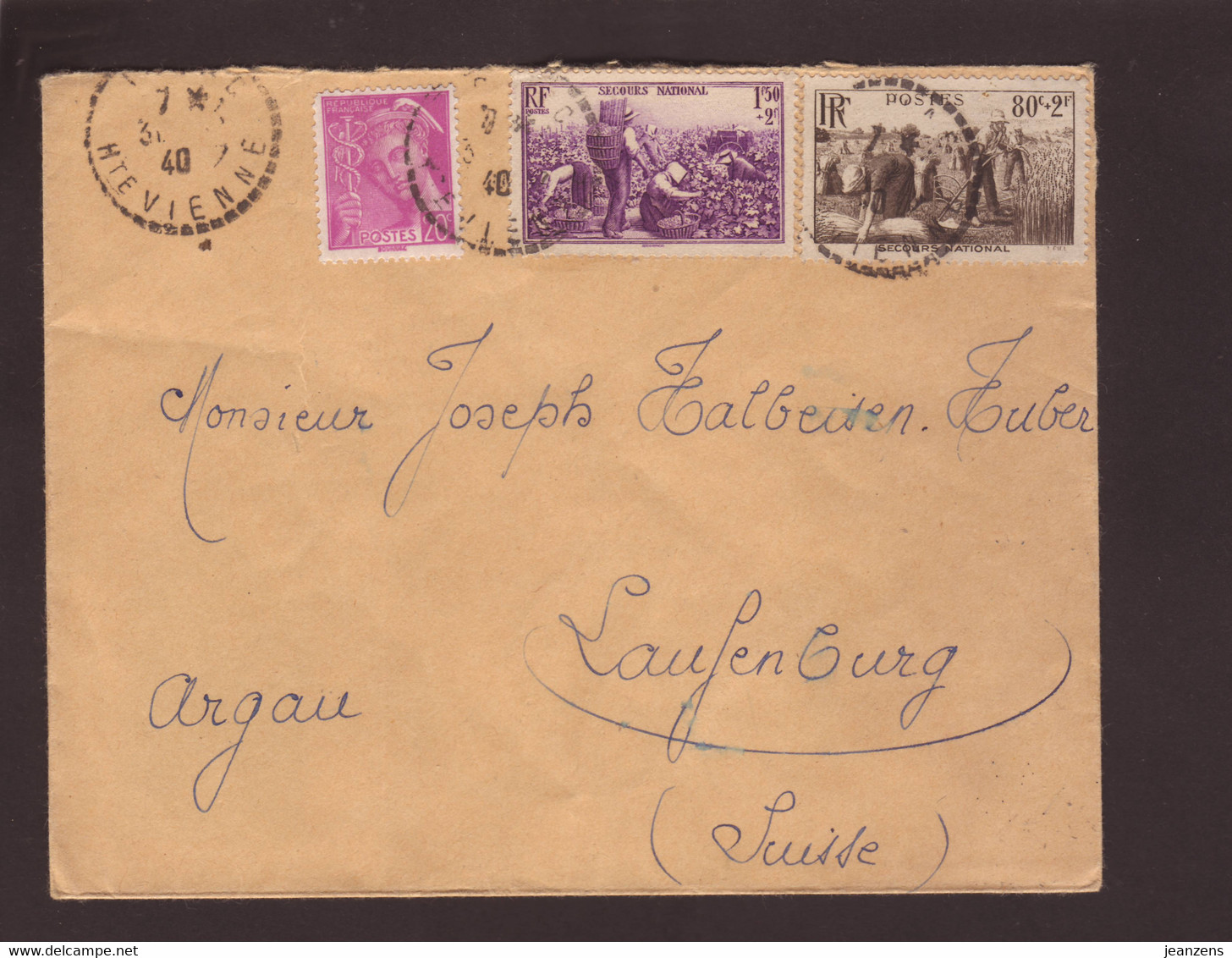 Lettre Aff Secours National + Mercure Obl Jouac 1940 -> Laufenburg - - WW II