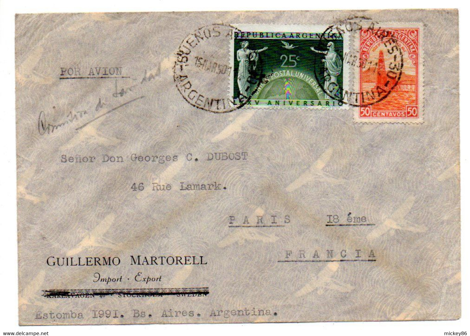 Argentine--1950--lettre De BUENOS AIRES  Pour PARIS-75....timbres--cachets  ( G.MARTORELL ).....à  Saisir - Lettres & Documents