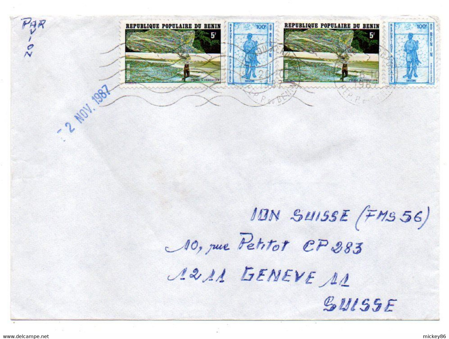 Bénin--1987--Lettre De COTONOU  Pour  GENEVE ( Suisse)   ..paire De Timbres ...cachets  .....à Saisir - Bénin – Dahomey (1960-...)