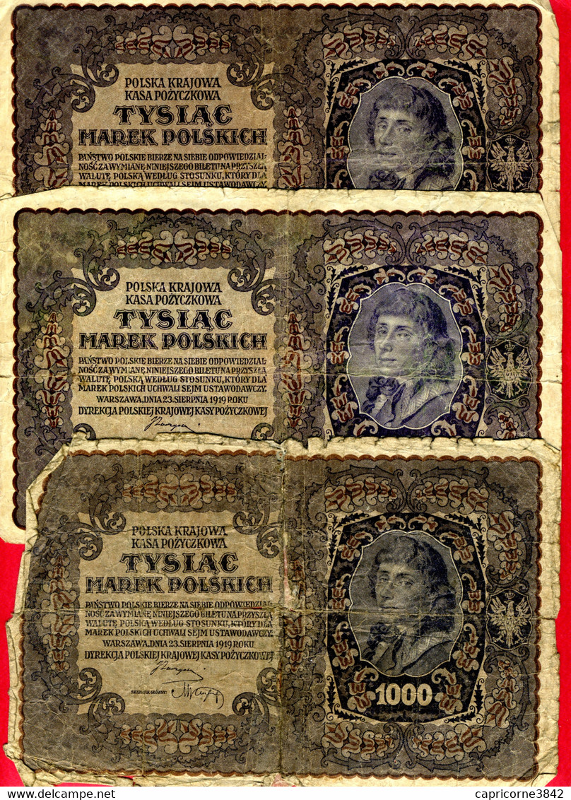 1919 - Pologne - Lot De 3 Billet De 1000 Marek (billets Usagés) - Polen