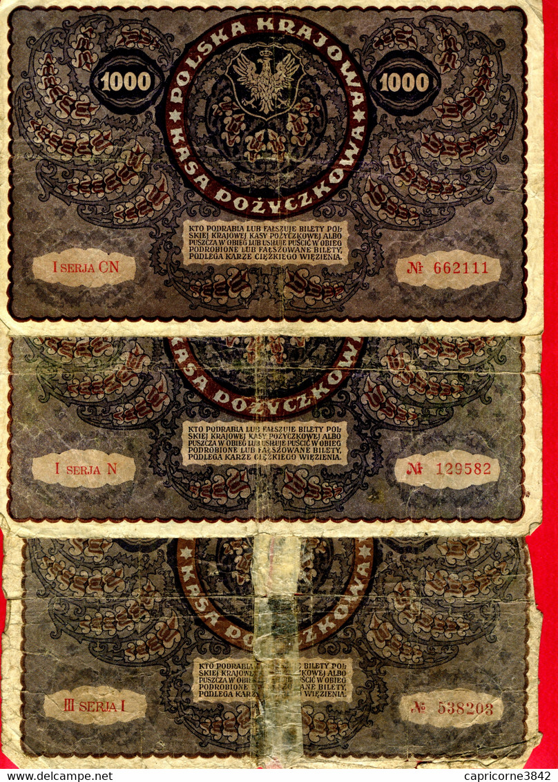 1919 - Pologne - Lot De 3 Billet De 1000 Marek (billets Usagés) - Poland