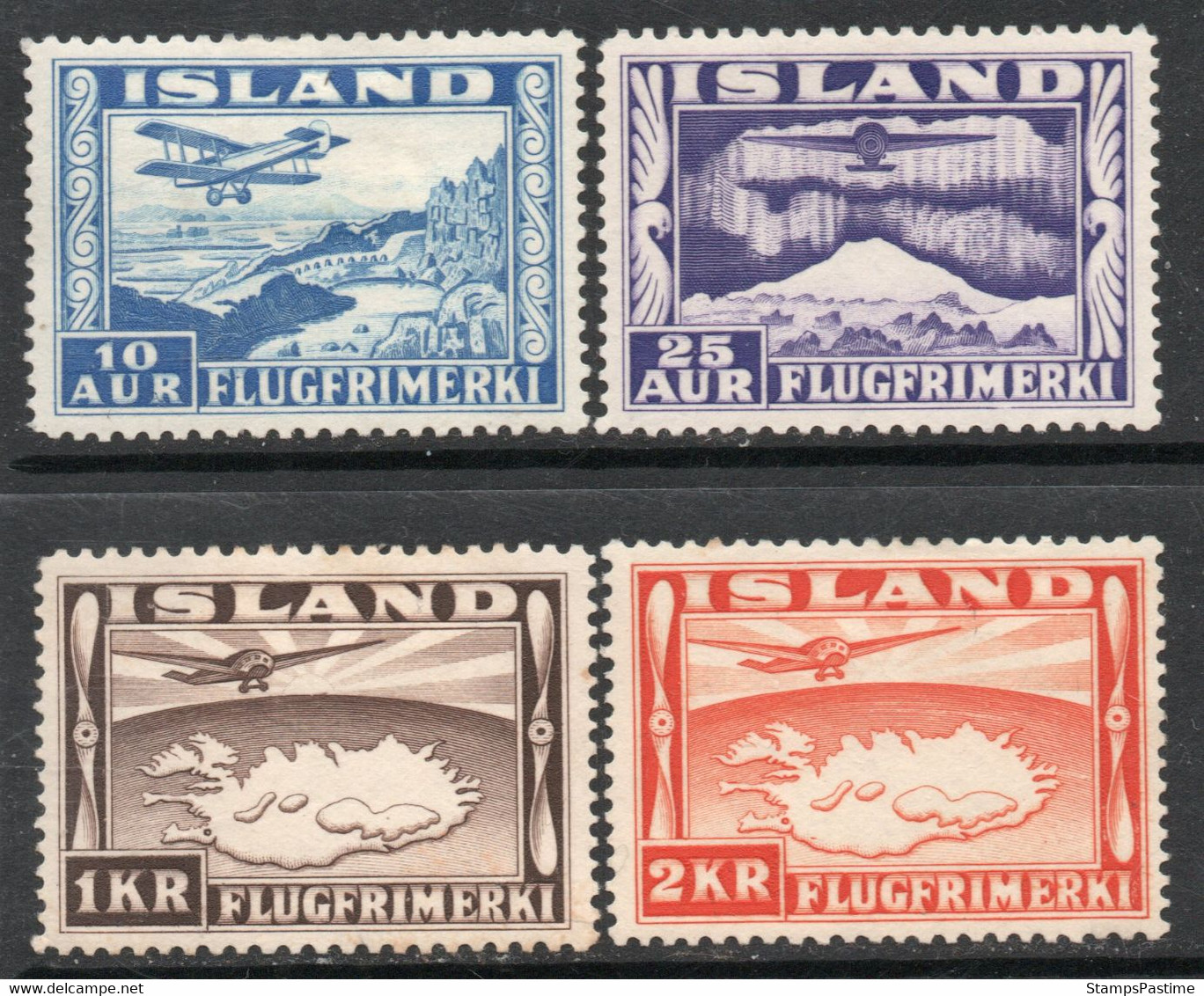 ISLANDIA – ICELAND Serie X 4 Sellos Aéreos Nuevos AVIÓN SOBRE LAGO, AURORA BOREAL Año 1934 – Valorizada En € 47,50 - Poste Aérienne