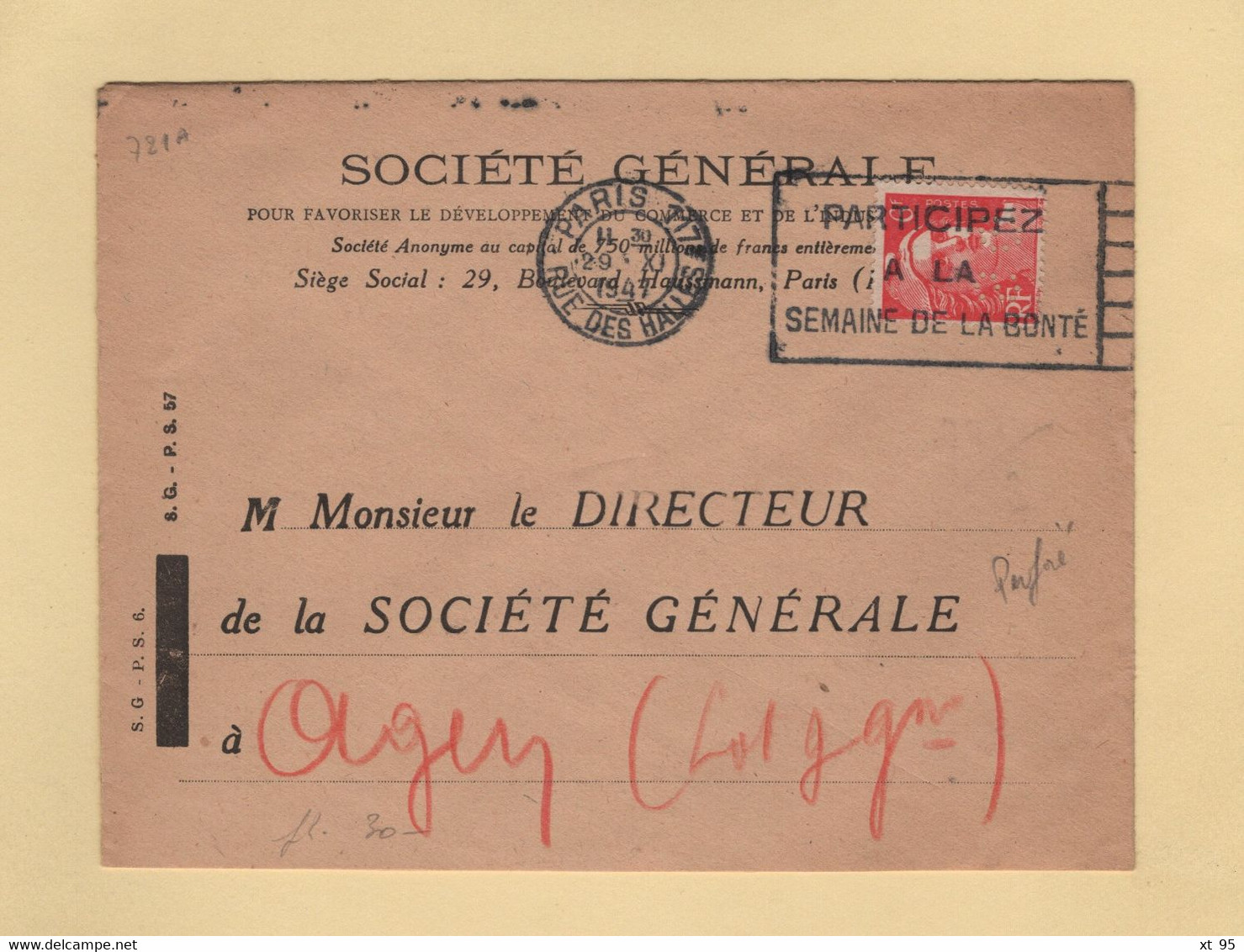 Perfores SG - Societe Generale - Paris - Marianne De Gandon - Cartas & Documentos
