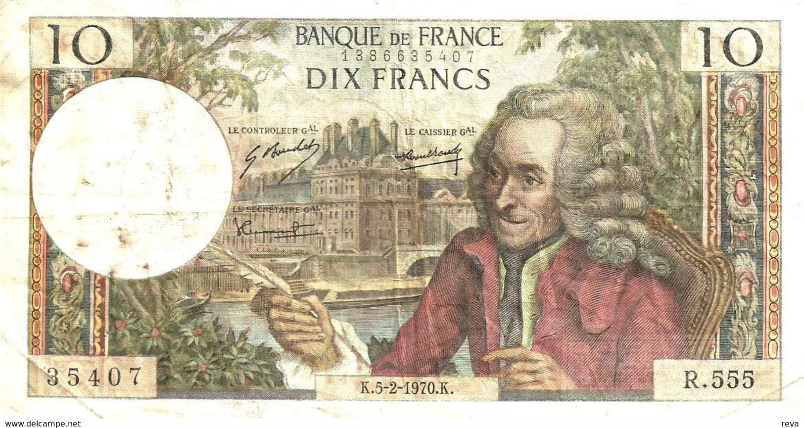 FRANCE 10 FRANCS RED MAN VOLTAIRE FRONT & MAN BACK #M DATED 05-02-1970 P147d AF READ DESCRIPTION !! - 10 F 1963-1973 ''Voltaire''