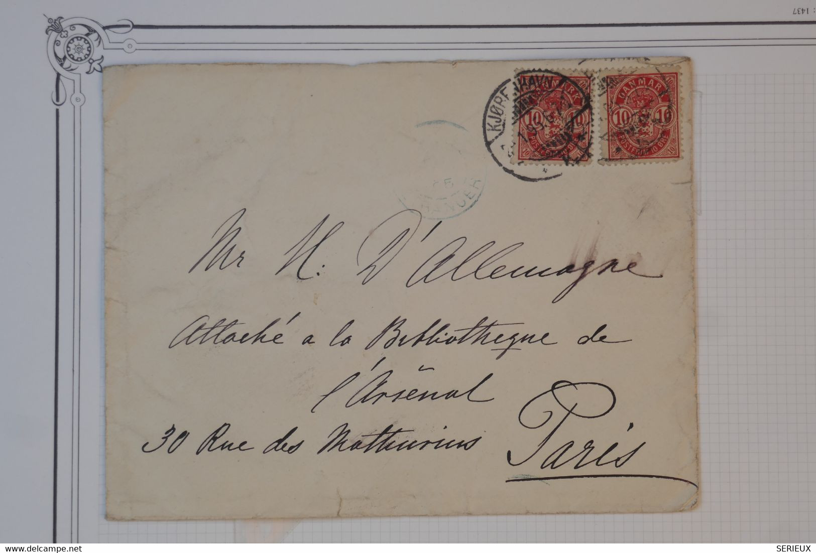 BC10 DANEMARK  BELLE  LETTRE  1895  COPENHAGUE A PARIS FRANCE ++++++AFFR INTERESSANT - Covers & Documents
