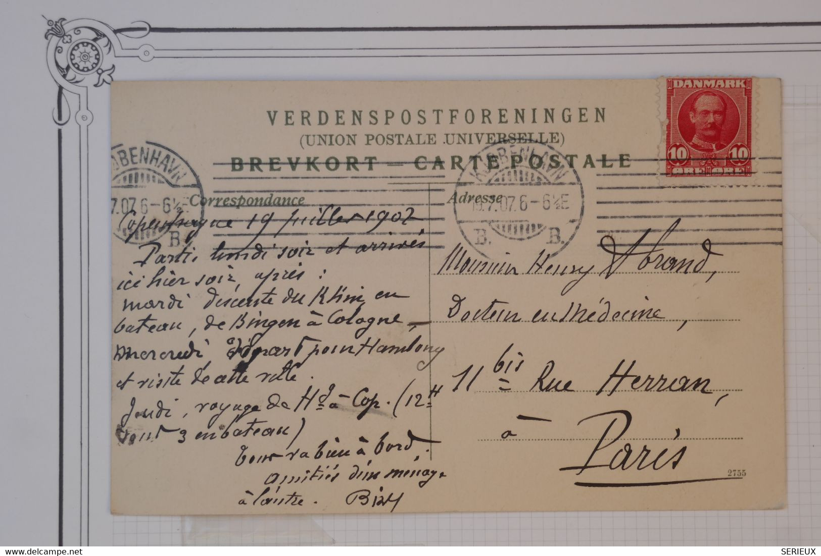 BC10 DANEMARK  BELLE  CARTE 1907 COPENHAGUE A  PARIS FRANCE ++++++AFFR INTERESSANT - Brieven En Documenten