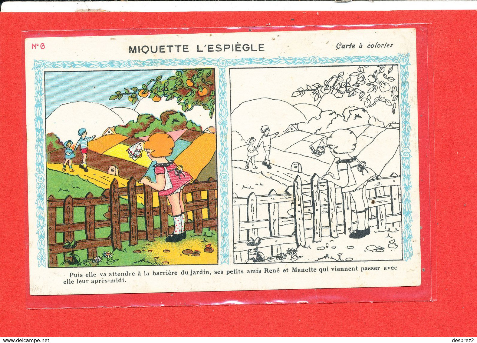 CARTE A COLORIER Cpa Animée Miquette L ' Espiegle N ° 6 Pub Pharmacien Caen Format 14 Cm X 9 Cm - Jeux Et Jouets