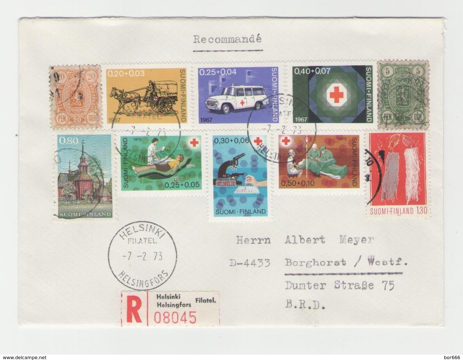 GOOD Finland REGISTERED Postal Cover To Germany 1973 - Good Stamped: Car ; Red Cross ; Church - Covers & Documents