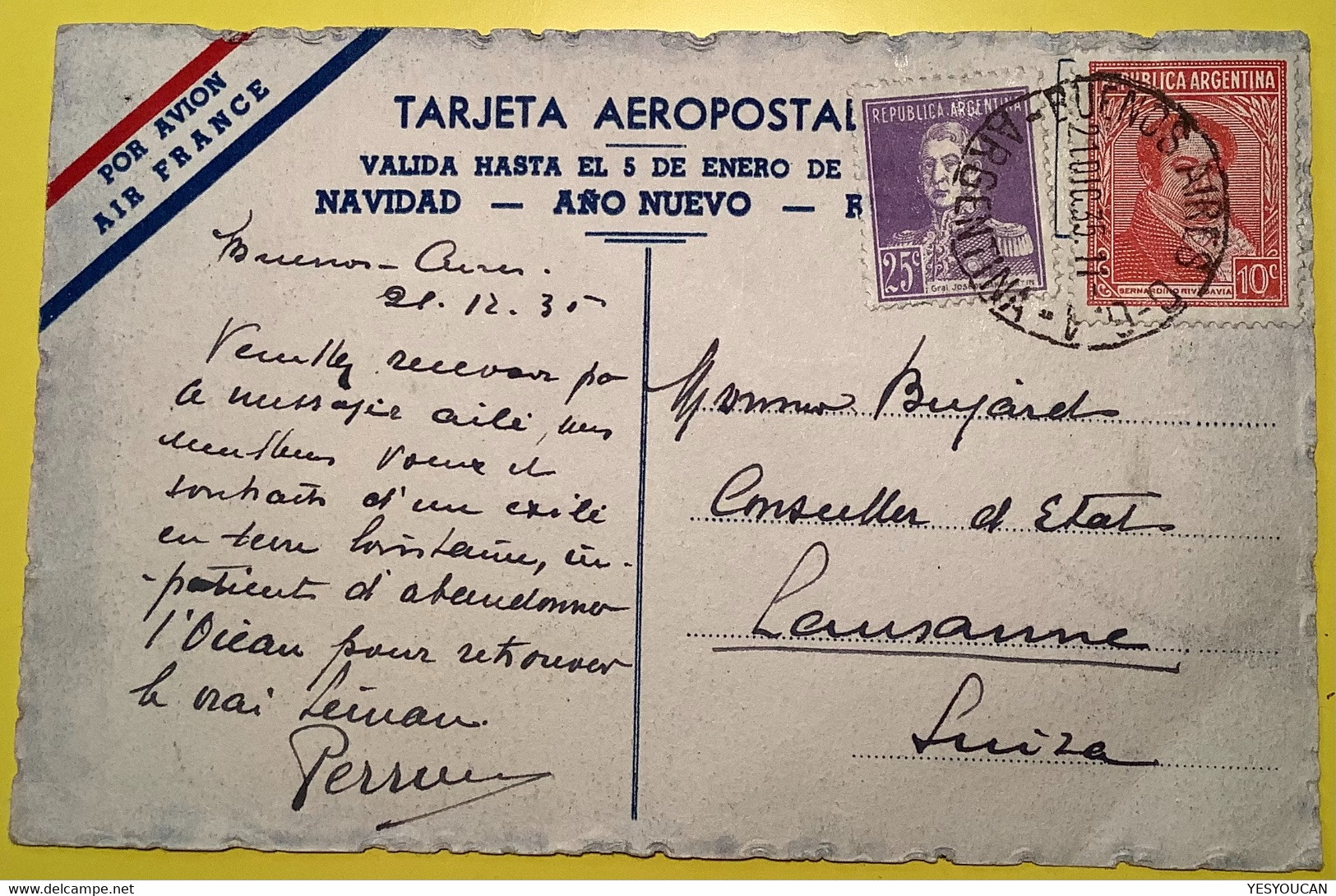 RARE 1935LIGNE MERMOZ AIR FRANCE TARJETA AEROPOSTAL FELICES FIESTAS NAVIDAD(Argentina Air Mail Cover Noël Cpa Argentine - Cartas & Documentos
