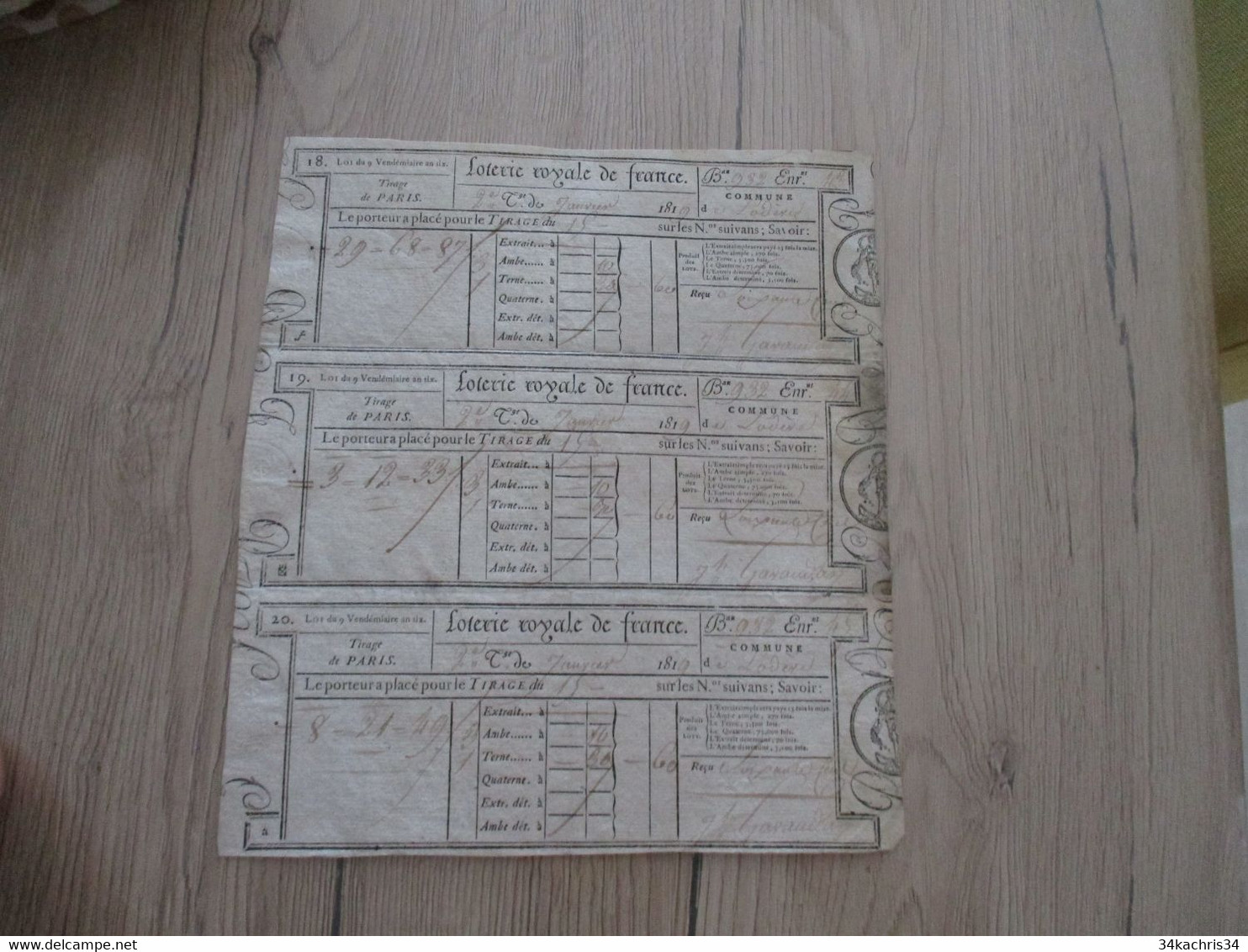 Rarissime Planche  Trois Billets De Loterie Tirage De Paris Commune De Lodève Hérault 1819 - Billetes De Lotería