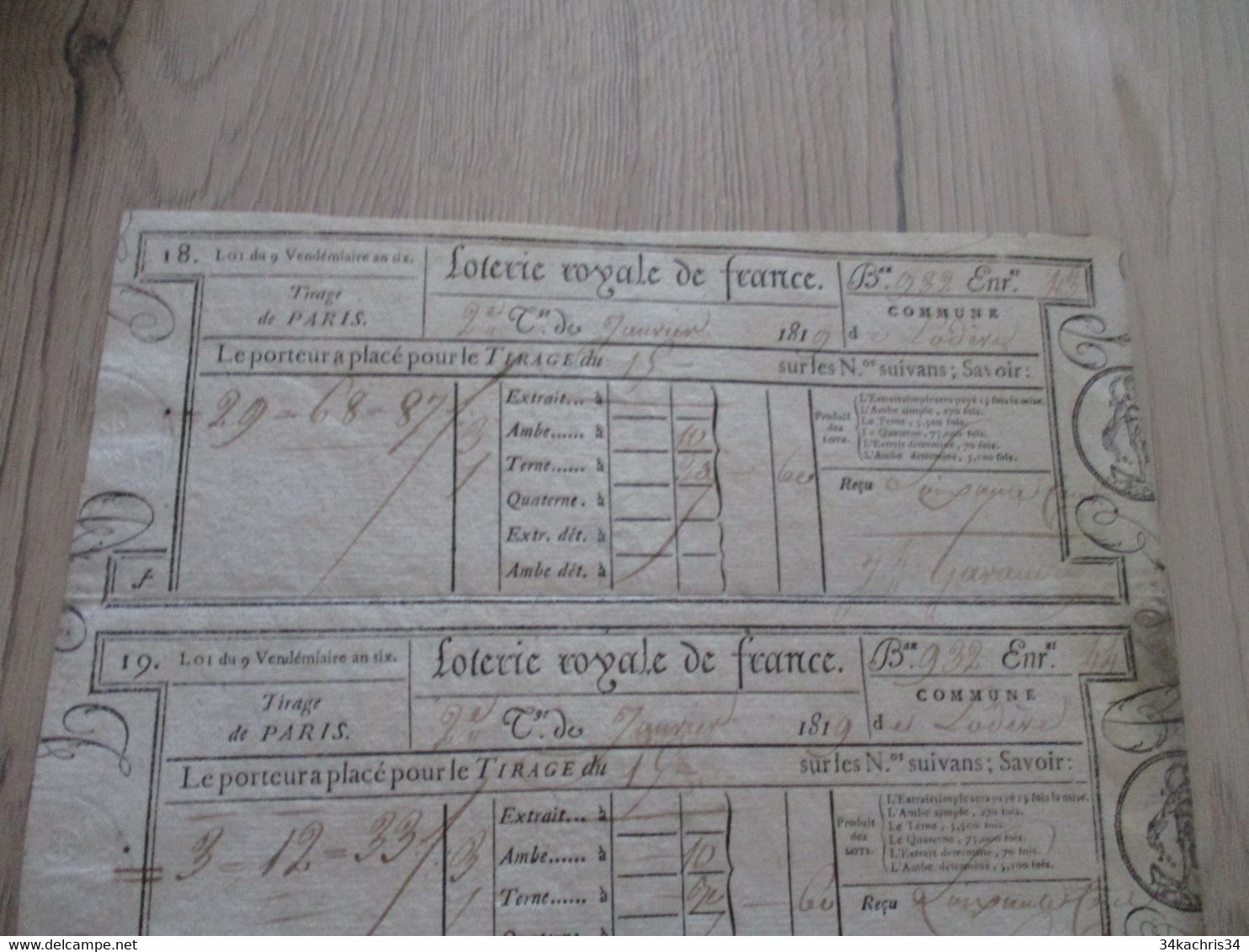 Rarissime Planche  Trois Billets De Loterie Tirage De Paris Commune De Lodève Hérault 1819 - Billetes De Lotería