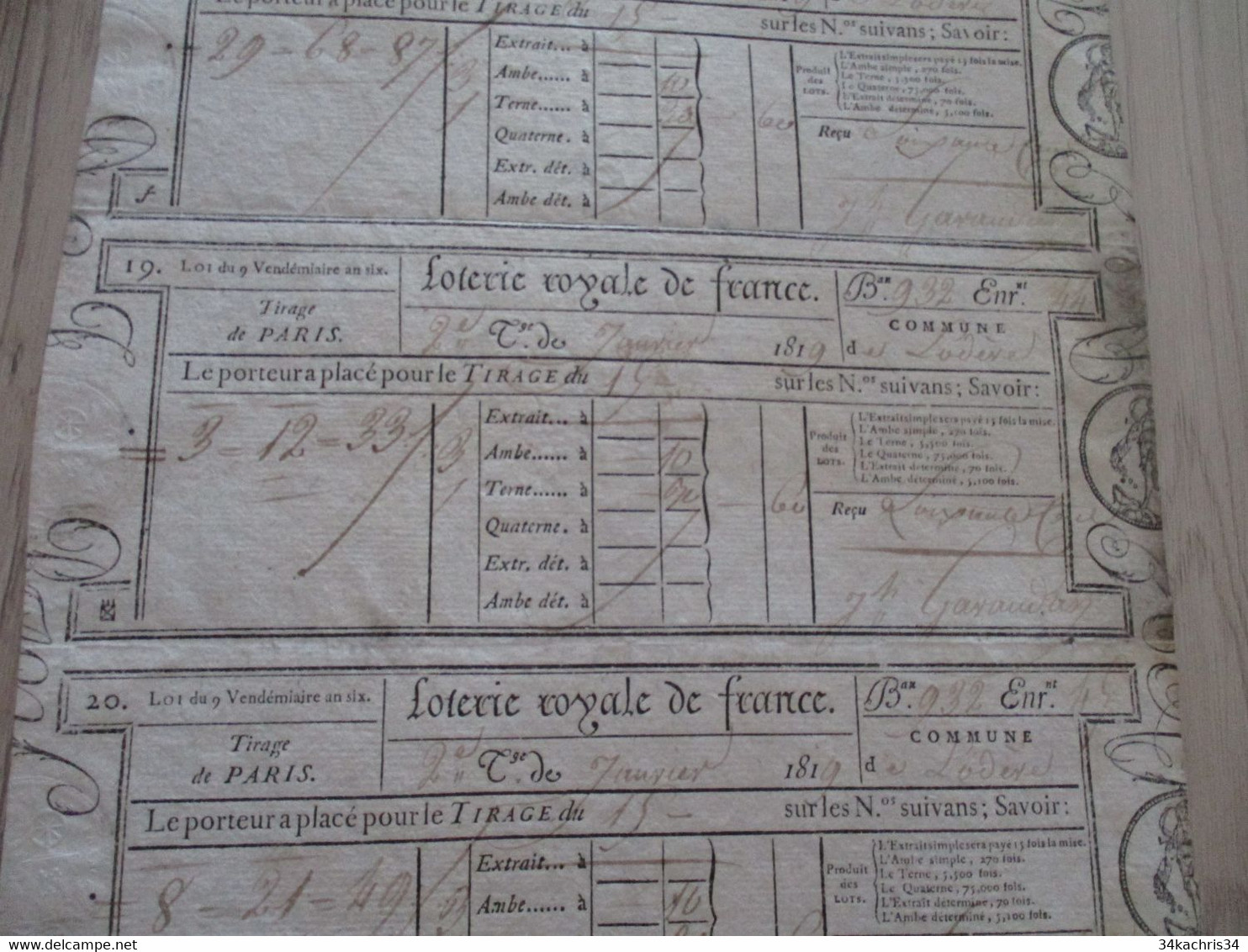 Rarissime Planche  Trois Billets De Loterie Tirage De Paris Commune De Lodève Hérault 1819 - Lottery Tickets